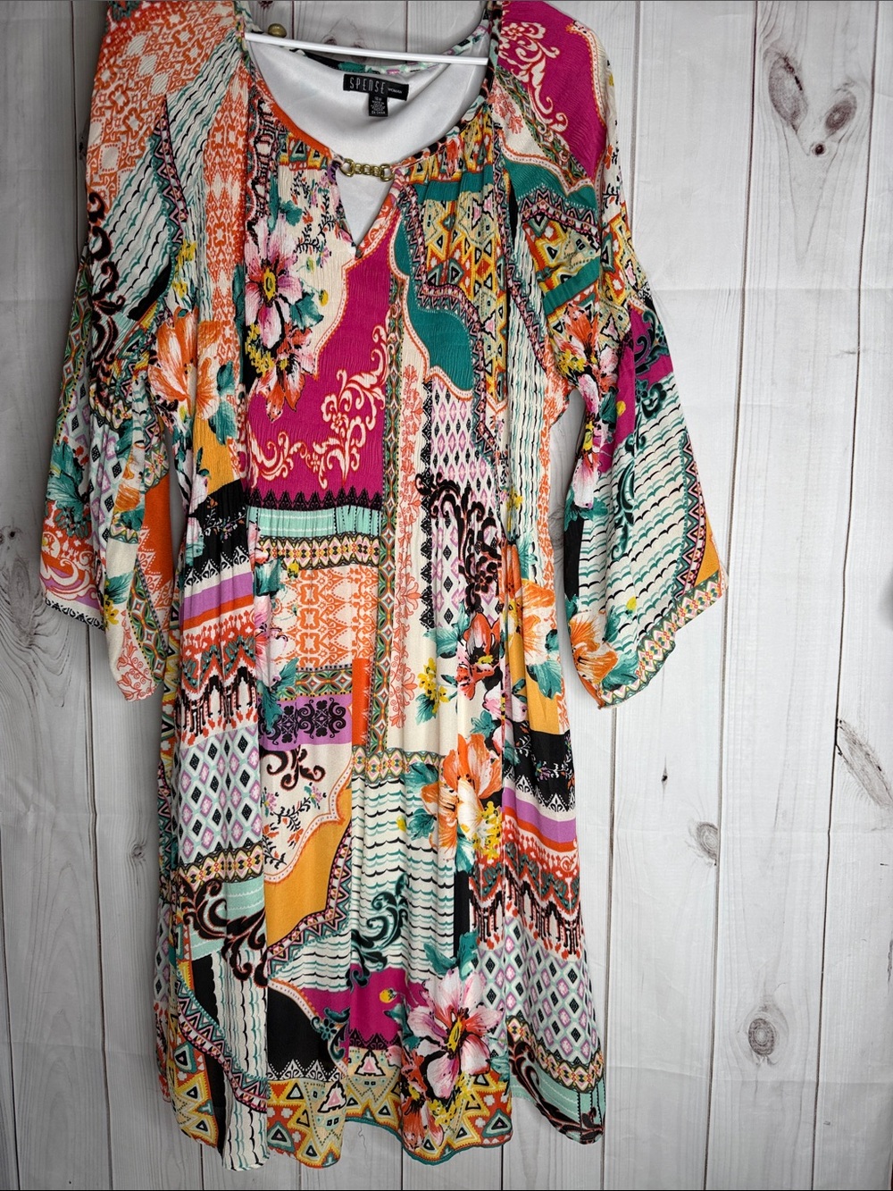 Spense Vibrant Patchwork V-Neck dress — Pink, Orange, Teal, Cream 16w-1157